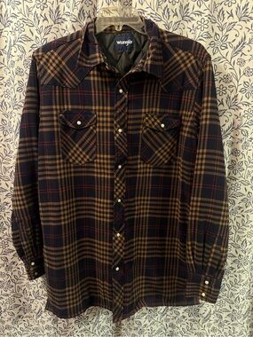 Wrangler Navy, Brown and Red Plaid Western Button-Down Shirt